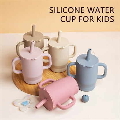 180ml Food-Grade Silicone Baby Learning Drinking Cup with Straw and Double Handles, Baby Training Drinking Cup