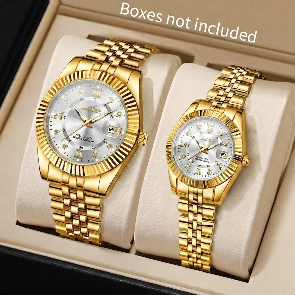 2PCS Fashion Couple's Watches Set Luxury Rhinestone Roma Dial Women Quartz Watch Men Calendar Business Wristwatches（Without Box）