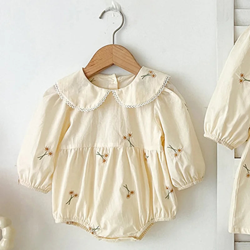 Spring 0-24M Baby Girl Clothing Toddler Baby Girl Romper Embroidery Flower Dots Cotton Romper White Infant Baby Girls Jumpsuit