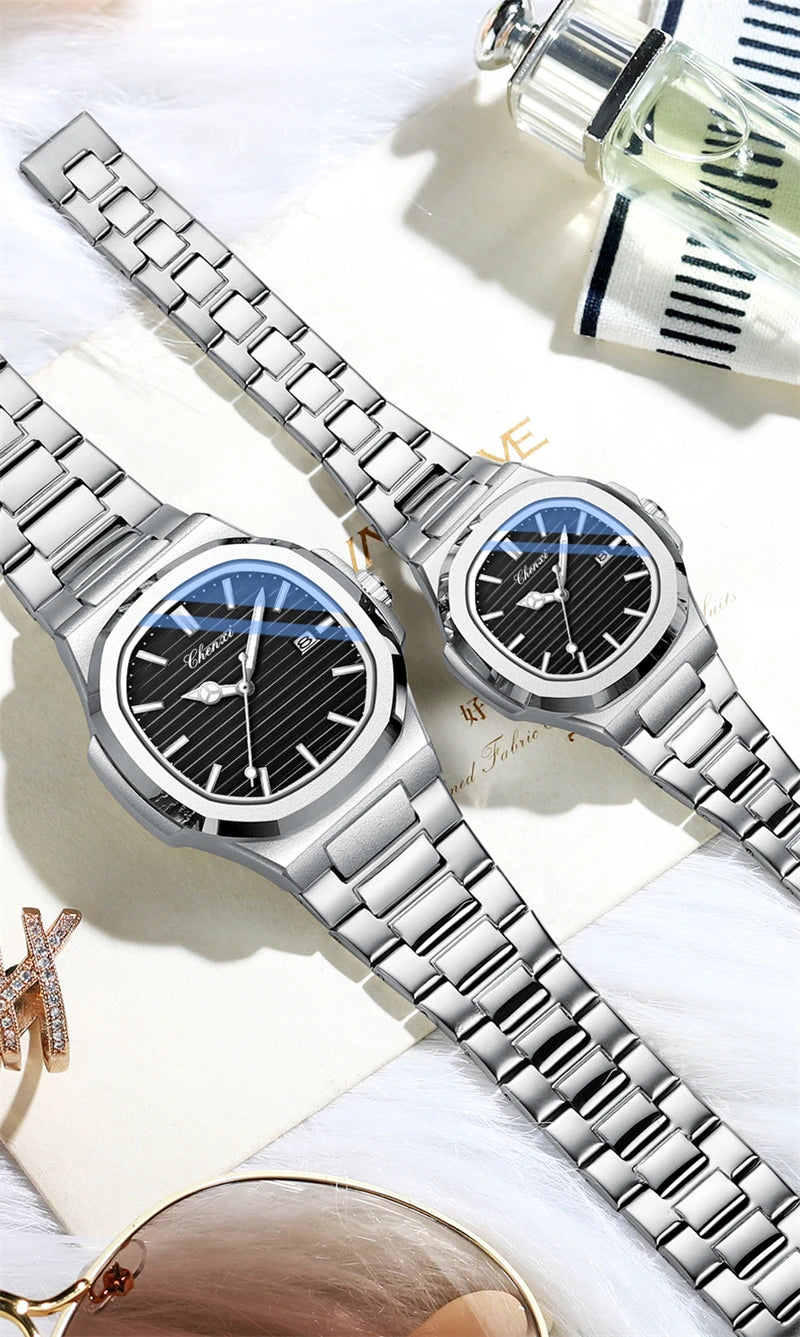 CHENXI 8222 Fashion Couple Quartz Watch Waterproof Night Light Date Stainless Steel Strap Casual Date Men's and Women's Watch