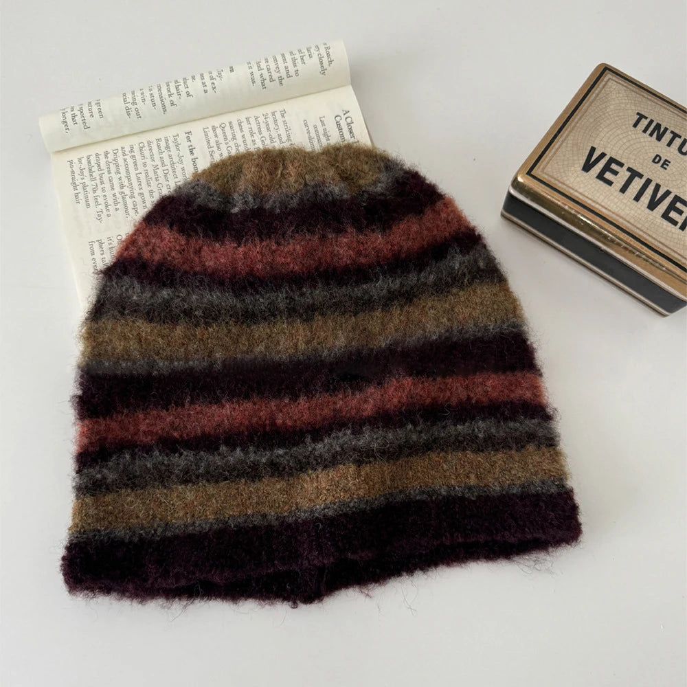 Striped Knitted Beanies Hats For Women&Men Winter Plush Warm Skullies Hat Unisex Outdoor Coldproof Ski Ear Protection Caps Gorro