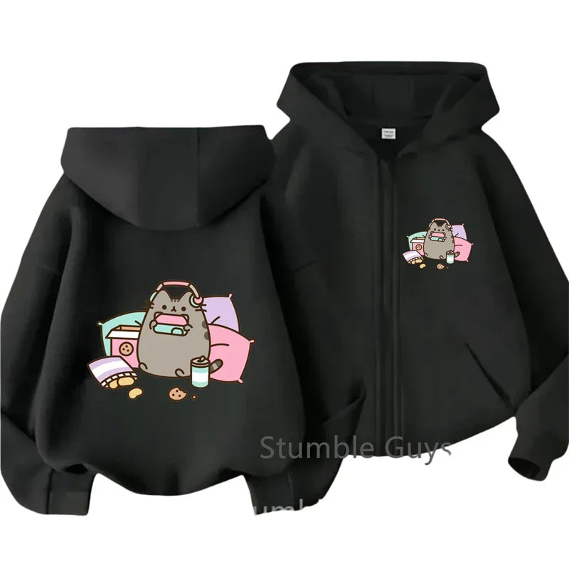 Cozy Pusheen Cat With Headphones Snacks Front Back Zip Up Hoodie For Kids Long Sleeve Lovely Cartoon Casual Outerwear Jacket
