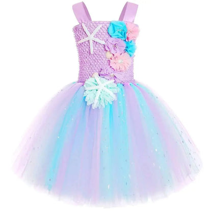 Girls' LED Flashing Mermaid Performance Clothing, Kids' Birthday Beauty Outfit, Fish-Tail Floral Mermaid Princess Tulle Dress