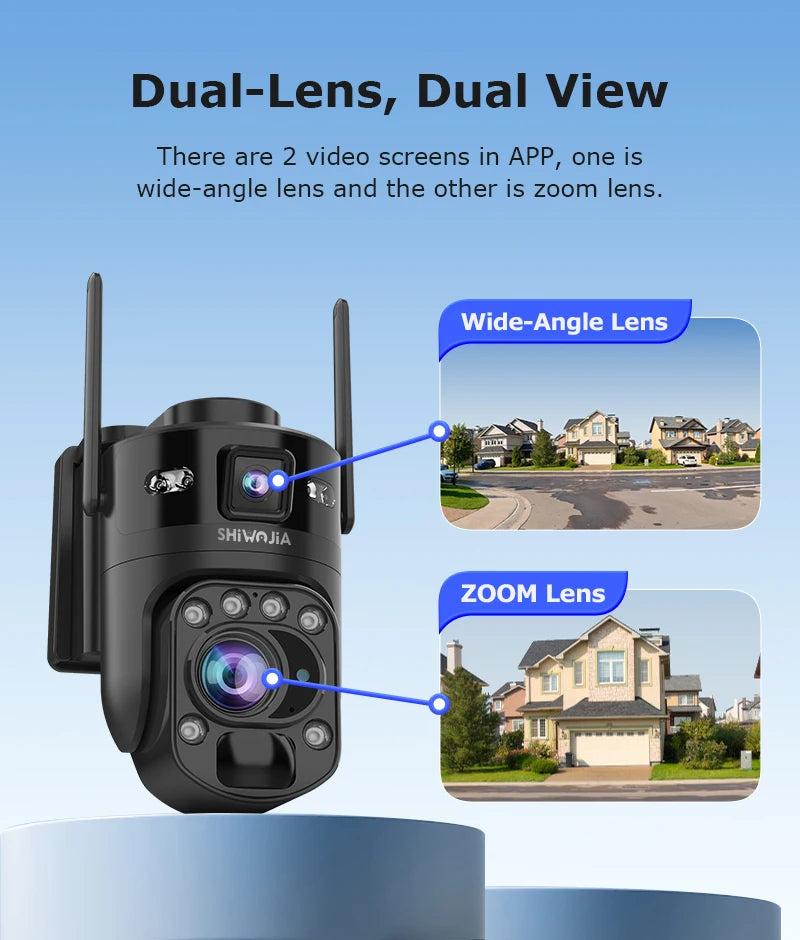 SHIWOJIA 60X ZOOM Solar Camera 4G 10MP AOV 24/7 Video Recording Dual Lens 360° 14W Solar Panel Security WIFI Camera PIR Monitor