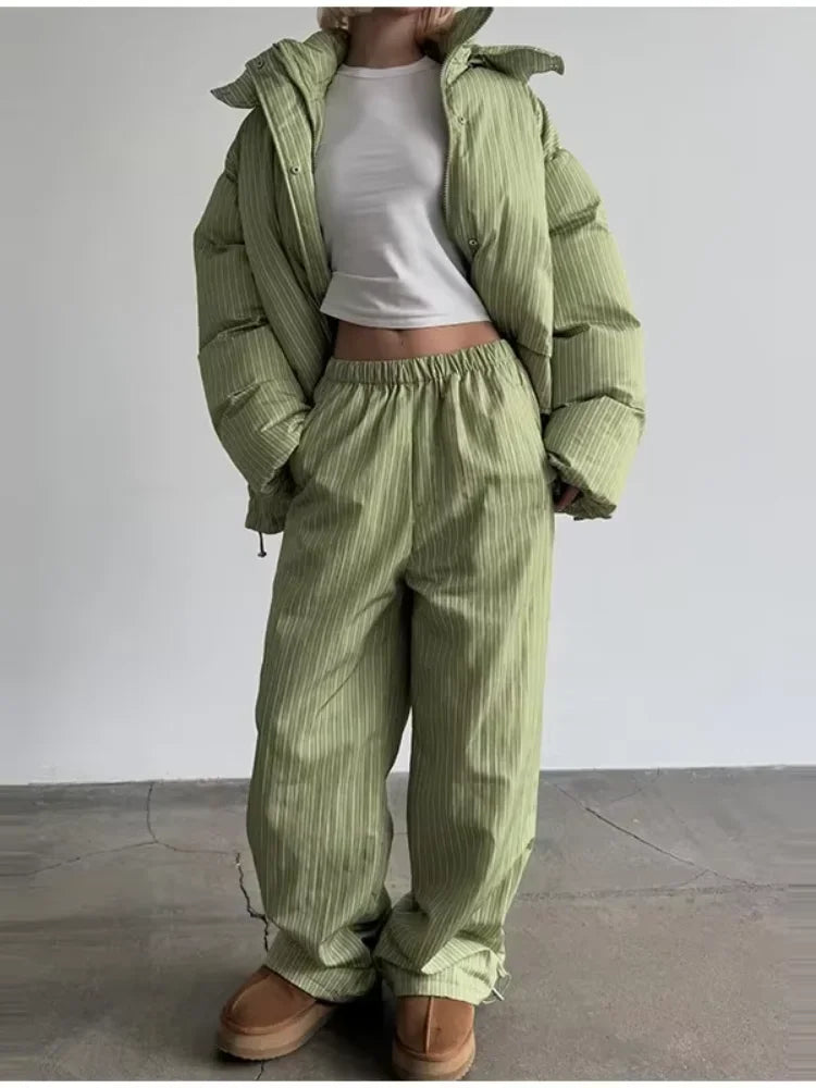 Stripe Women's Padded Cotton Coats Pant Suit Hooded Zipper Puffer Coat Loose Thick Pants 2026 Fashion Lady Autumn Winter Ski Set