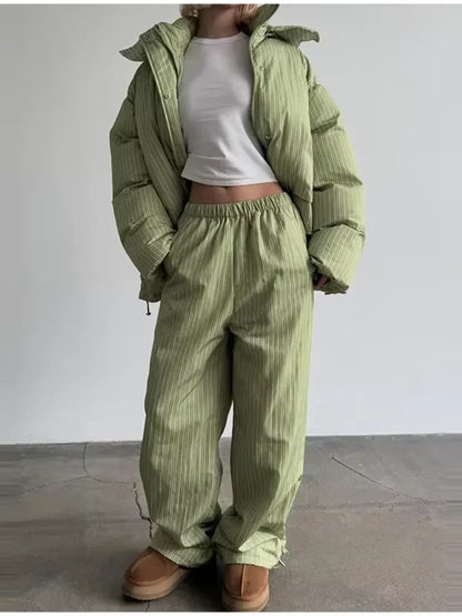 Stripe Women's Padded Cotton Coats Pant Suit Hooded Zipper Puffer Coat Loose Thick Pants 2026 Fashion Lady Autumn Winter Ski Set