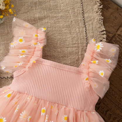 Baby Girl Dress Fashion Daisy Print Mesh Princess Dress Soft Comfortable Baby Outing Dress Girl Pink Birthday Gift