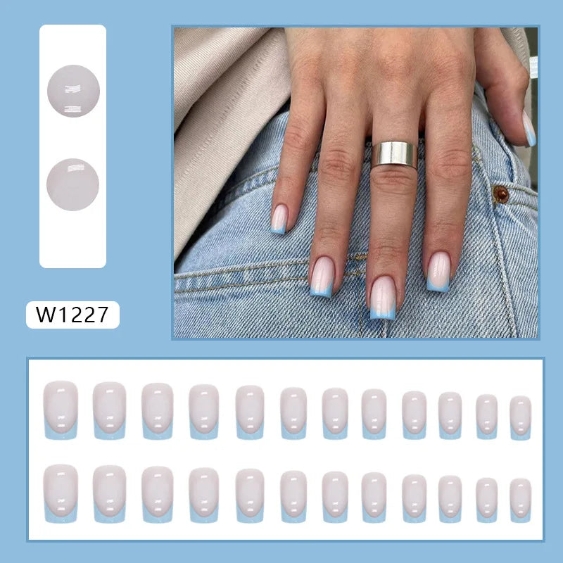 Blue French 24 Pcs Press on Nails Pink Gradient Fake Nails Glossy Artificial Finger Manicure Reusable False Nails