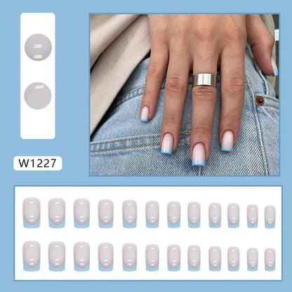 Blue French 24 Pcs Press on Nails Pink Gradient Fake Nails Glossy Artificial Finger Manicure Reusable False Nails