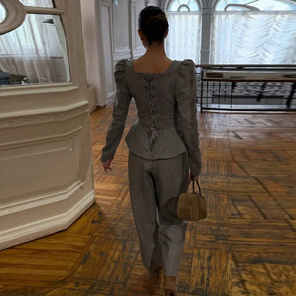 Casual Solid Woolen Top Pants Set Women Puff Full Sleeve Closed Waist Blouse Straight Trousers Sets 2026 Autumn Winter Lady Suit