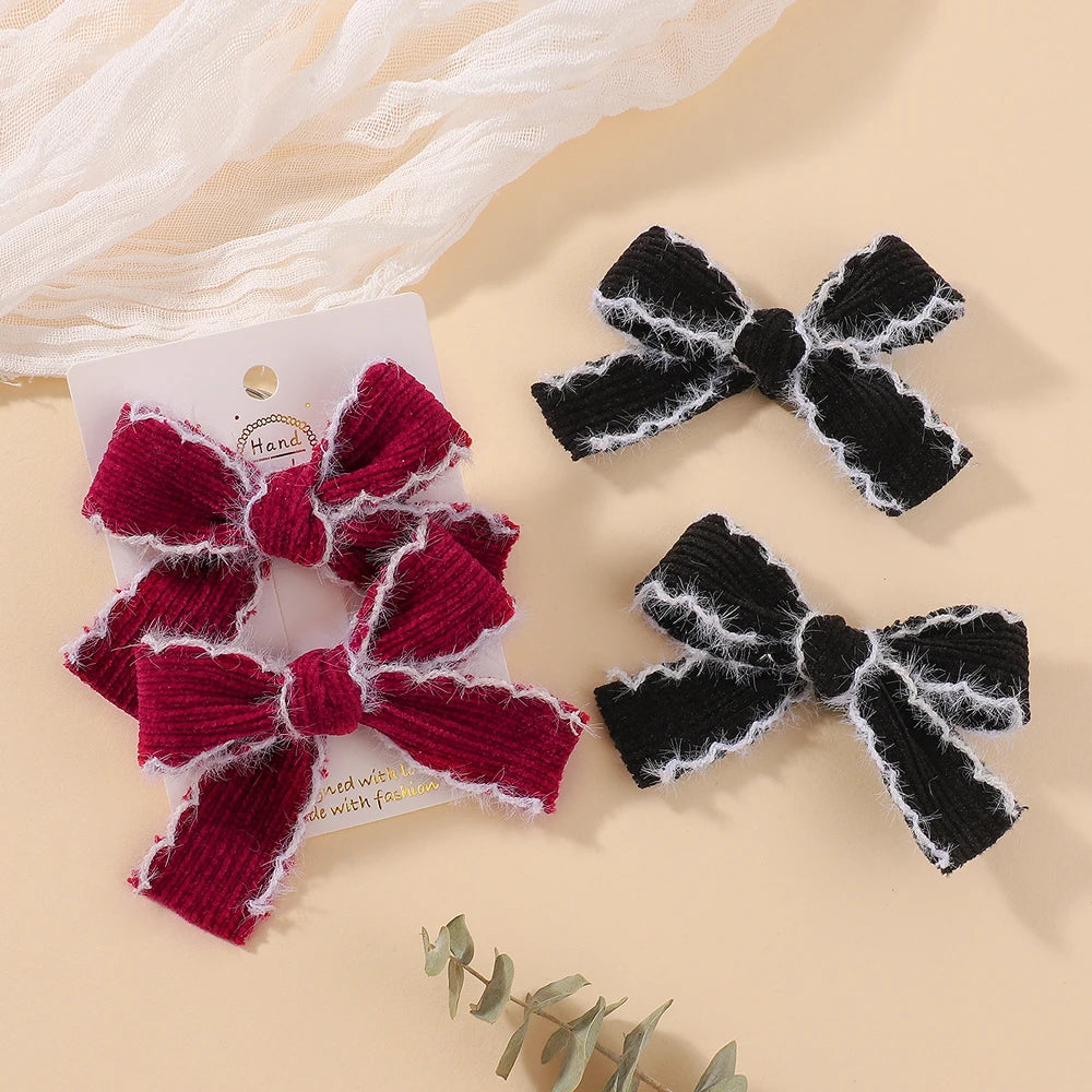 2pcs Knitting Wool Bow Barrettes Striped Lace Bow Hair Clip For Girl Baby Autumn Decor Hair Accessories Kid Party Wear Hairpin