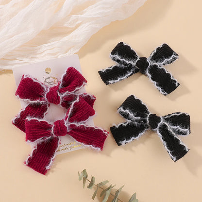 2pcs Knitting Wool Bow Barrettes Striped Lace Bow Hair Clip For Girl Baby Autumn Decor Hair Accessories Kid Party Wear Hairpin