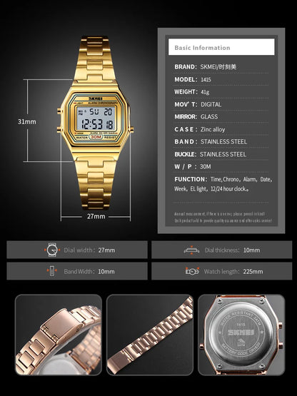 SKMEI 1415 Luxury Retro Digital Sports Watch for Women Stainless Steel Electron Waterproof Wristwatches Girl Clock Reloj Hombre