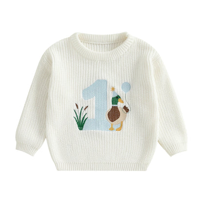 Baby Boy Birthday Sweater Casual Duck Letter Embroidery Infant Pullover Knitwear for Toddler Warm Clothes