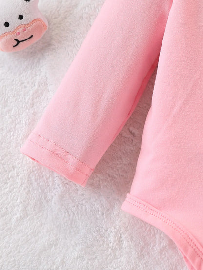 【Cute Cow】Baby Girl Overalls Set with 3D Cow Embroidery Patch + All-Over Cow Print + Flared Pants Legs - Three-Piece Outfit for Spring and Autumn Outings