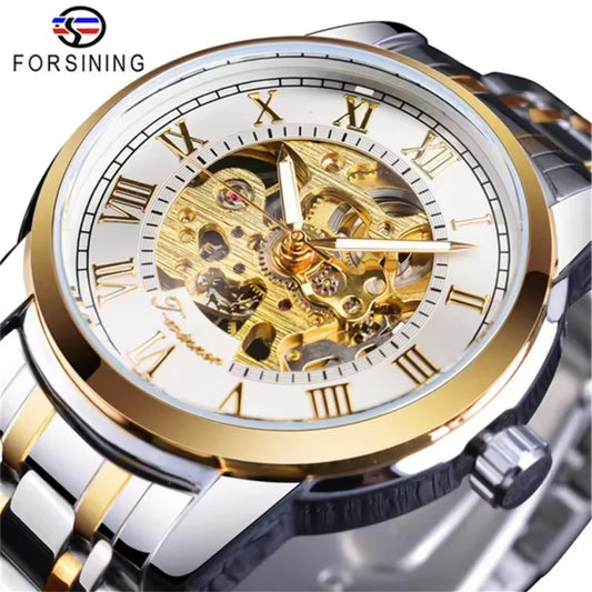 Forsining 349 Men's Mechanical Watch Business Round Skeleton Silvery Black Stainless Steel Manual Wrist Watches for Male Clock