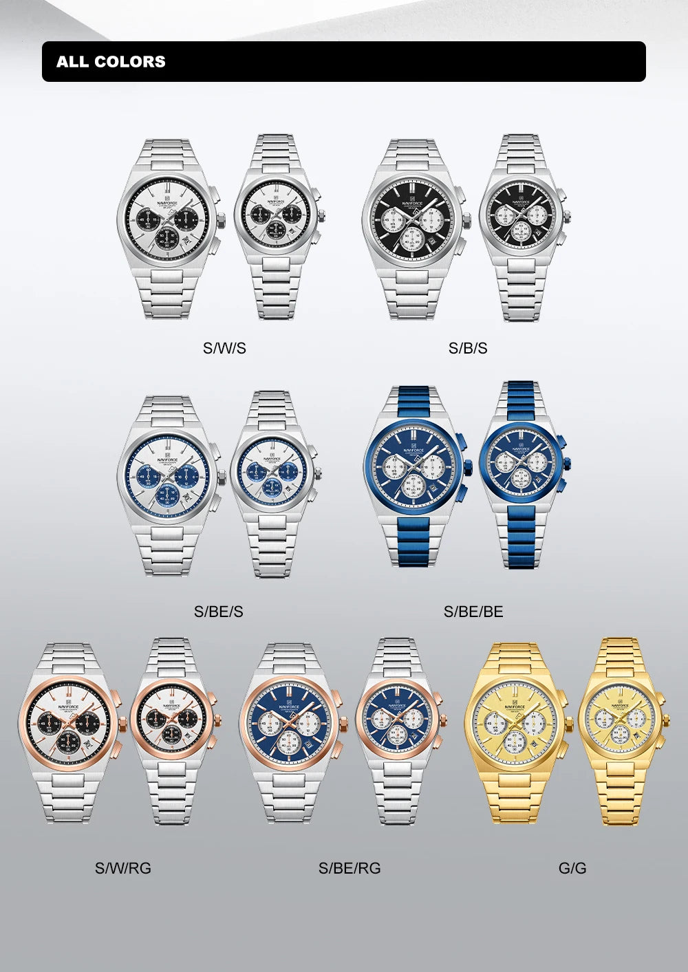Top Brand NAVIFORCE Men and Women Quartz Chronograph Watch Stainless Band Stylish 24 Hours Date Display Couple Wristwatches 2024