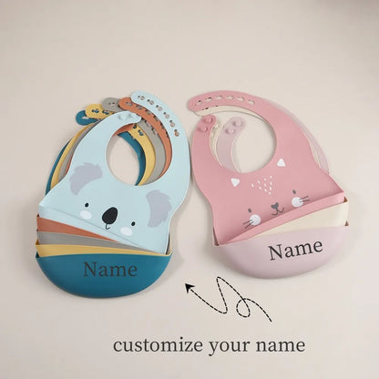 Customize Cartoon Animal Silicone Baby Bib with Name & Pattern Food-Grade Solid Feeding Bib DZ31