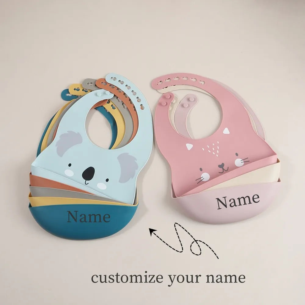 Customize Cartoon Animal Silicone Baby Bib with Name & Pattern Food-Grade Solid Feeding Bib DZ31