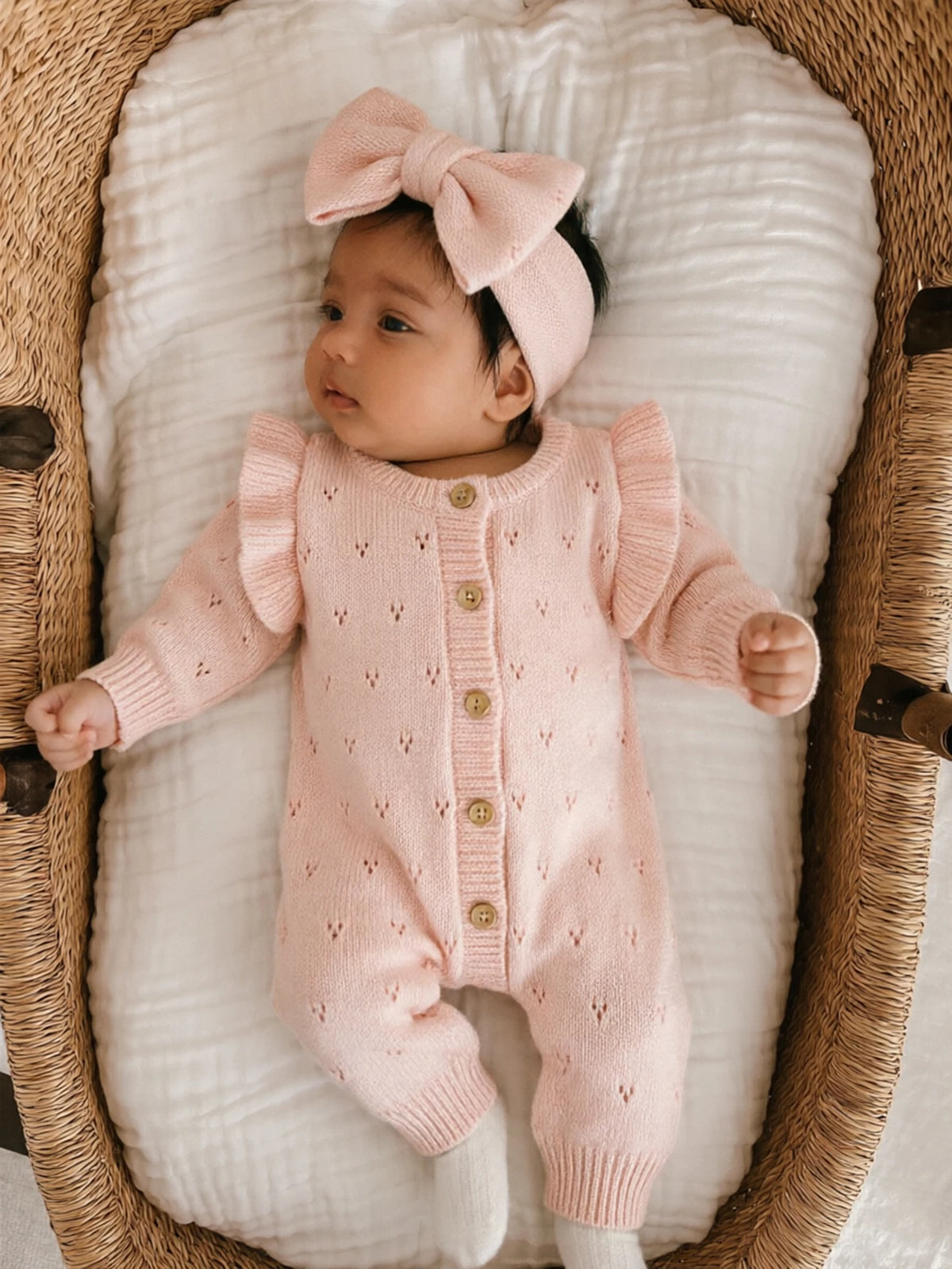 YlsteeeNewborn Baby Girl Knitted Romper Set with Bow Headband, Ruffle Sleeve Heart Knit Jumpsuit for 0-3M Photography Daily Wear