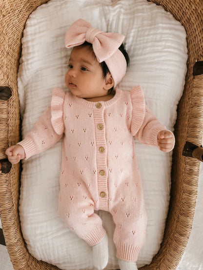 YlsteeeNewborn Baby Girl Knitted Romper Set with Bow Headband, Ruffle Sleeve Heart Knit Jumpsuit for 0-3M Photography Daily Wear