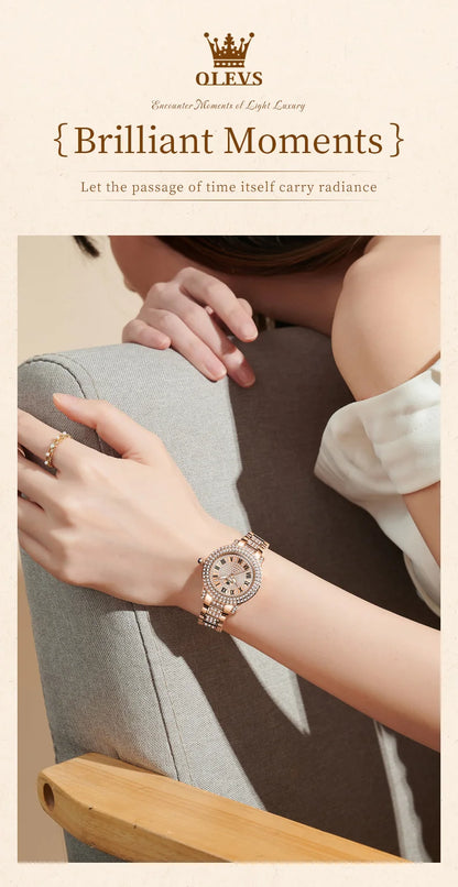 OLEVS 9943 Luxury Diamond Watch for Women Starry Sky Dial Elegant Stainless Steel Waterproof Luminous Quartz Wristwatch Ladies