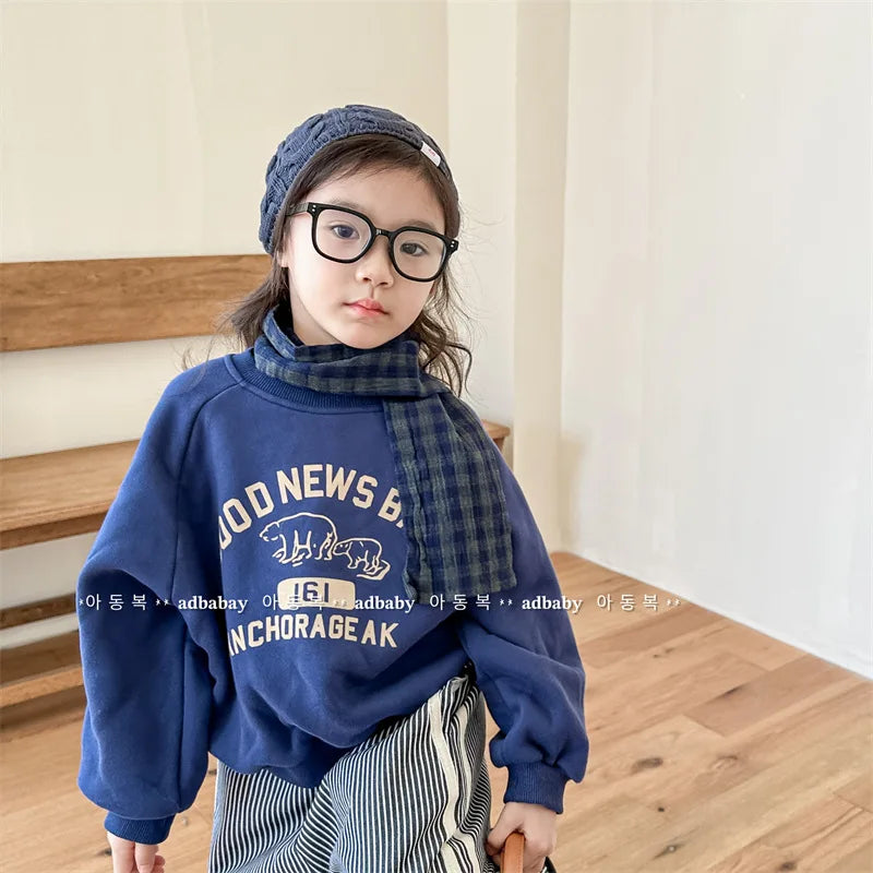 deer jonmi 2025 Winter Children Letter Printed Sweatshirts Thicken Warm Baby Boys Casual Fleece Lining Pullovers Tops