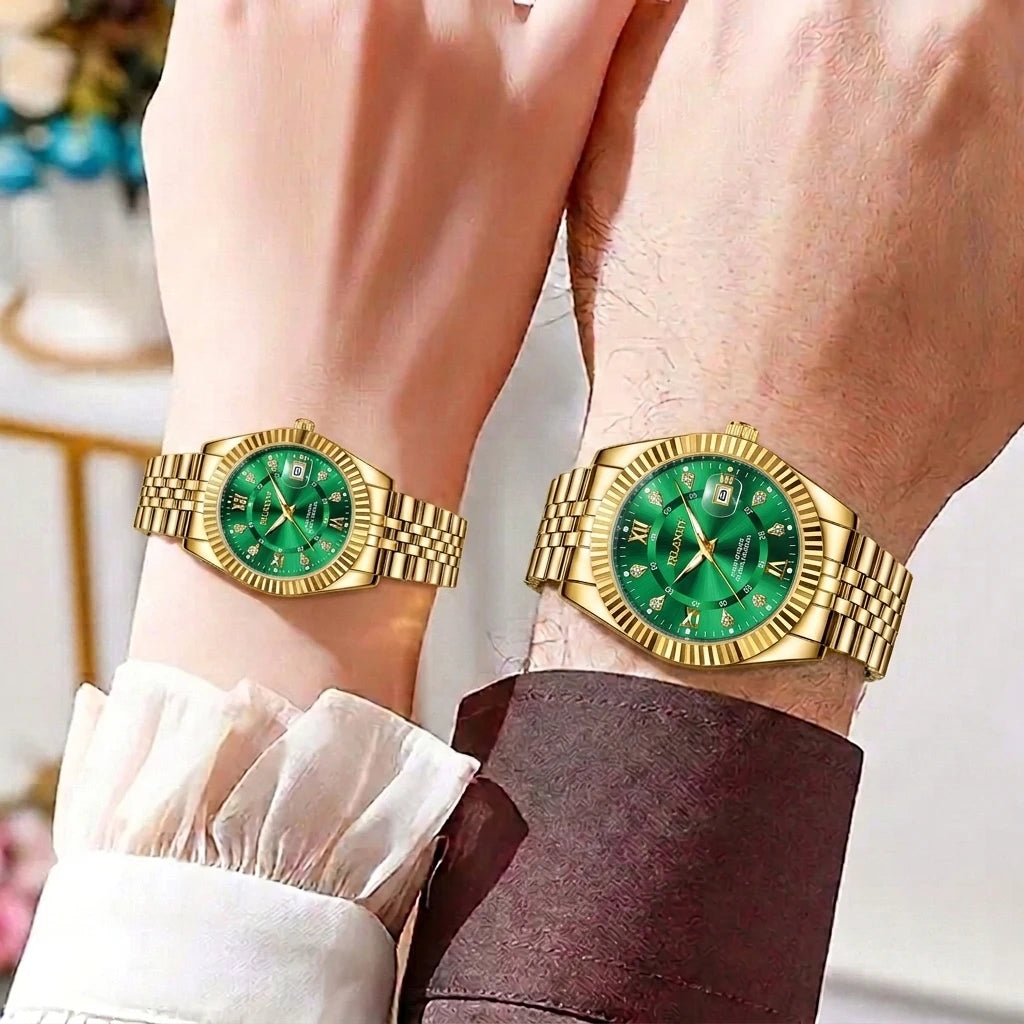 2PCS Fashion Couple's Watches Set Luxury Rhinestone Roma Dial Women Quartz Watch Men Calendar Business Wristwatches（Without Box）