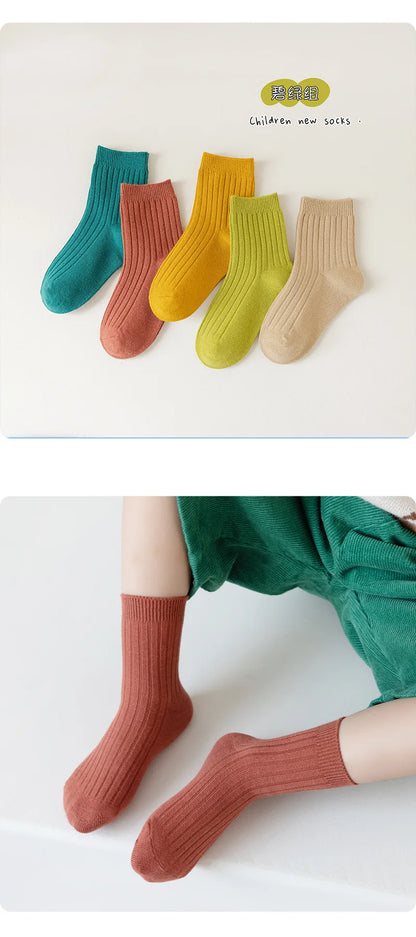 5 Pairs/Lot Children'S Socks Set Solid Color Double Needle Cotton Kids Mid-Tube Socks Candy Color Boys And Girls Student Socks