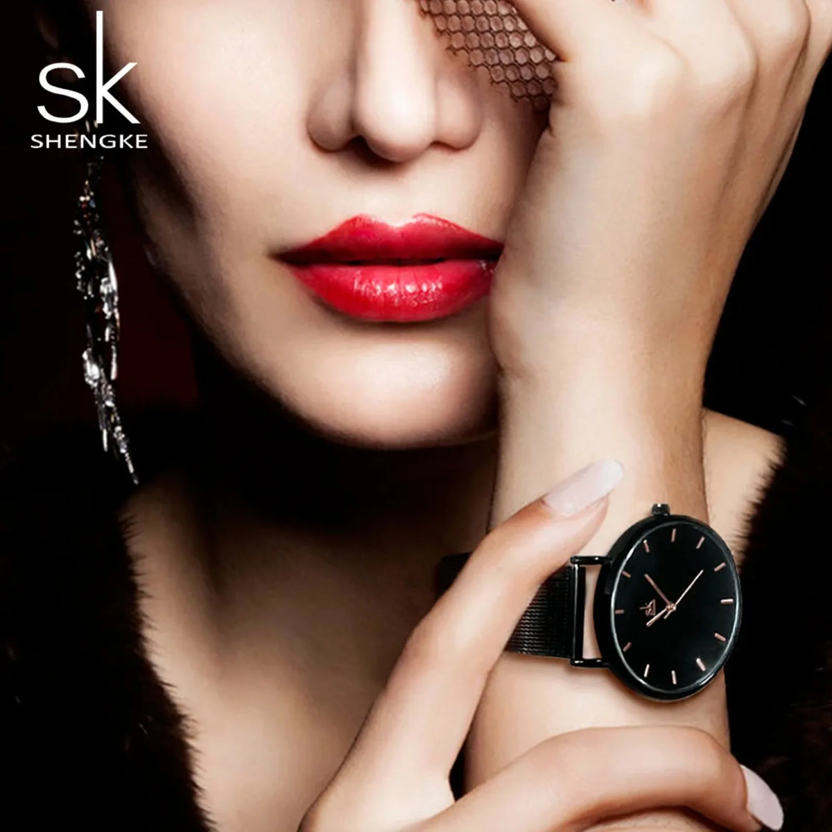 Shengke Fashion Black Watch for Women Classic Relogio Feminino Quartz Ladies Watch Woman Adjustable Mesh Strap Montre Femme