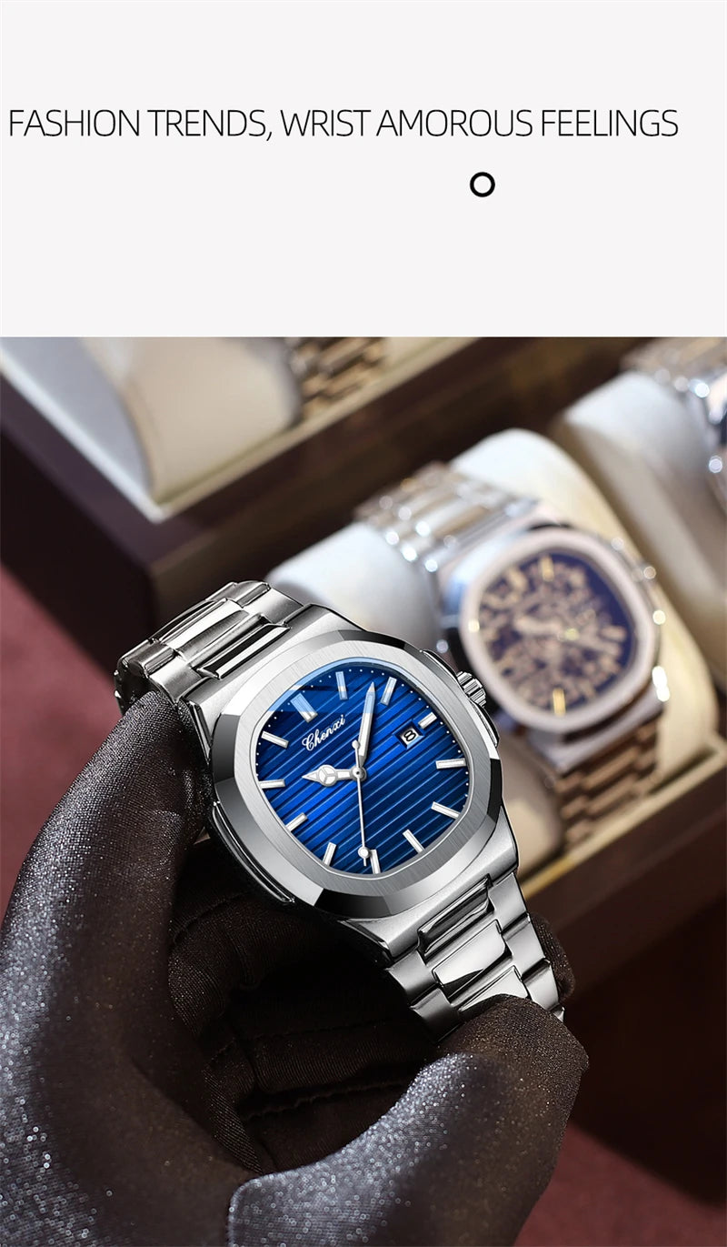 CHENXI 8222 Fashion Couple Quartz Watch Waterproof Night Light Date Stainless Steel Strap Casual Date Men's and Women's Watch