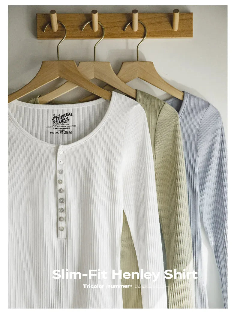 Maden Women’s Slim Fit Henley Shirt Ribbed Knit Long Sleeve T-shirt O-Neck Layering Top Solid Color Autumn Winter Inner Wear