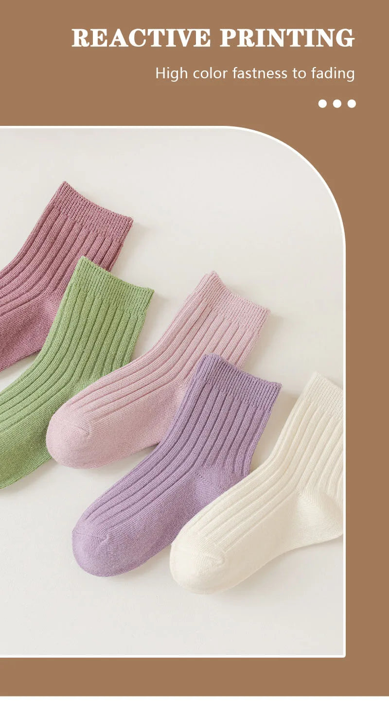 5 Pairs/Lot Children'S Socks Set Solid Color Double Needle Cotton Kids Mid-Tube Socks Candy Color Boys And Girls Student Socks