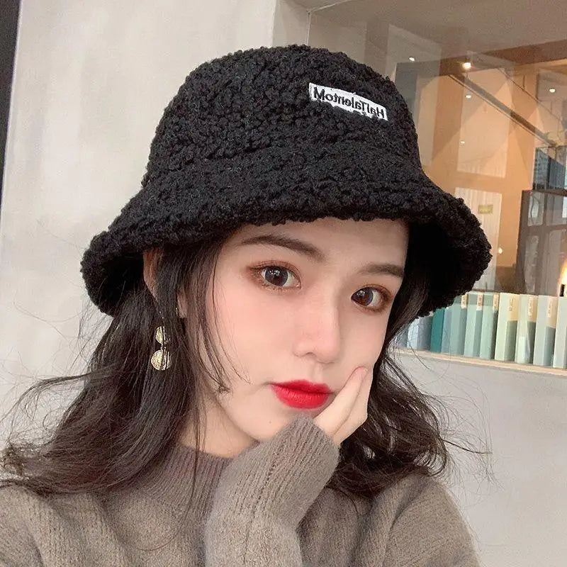 Warm Embroidered Hat Soft Lambswool Bucket Hat For Women Men Winter Warm Knitted Beanie Cap Soft Warm Thick Fisherman Hat