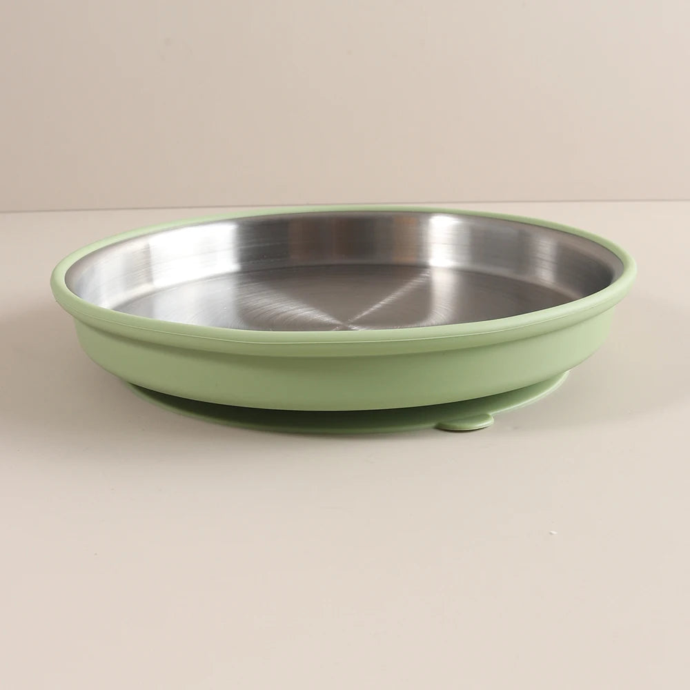 Simple design Stainless Steel Baby Plate with Silicone Suction,  Large Double Layer Dinner Plate for Toddlers