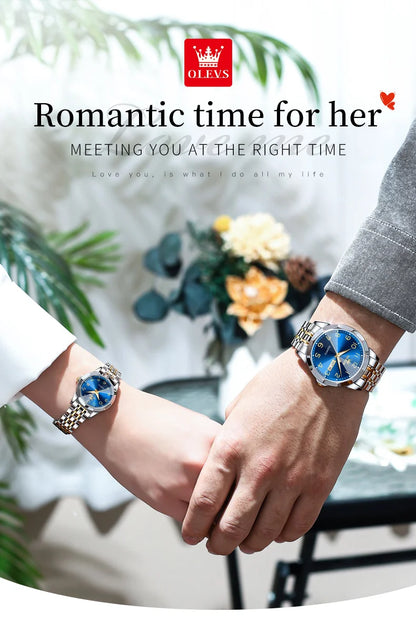 OLEVS 9970 Couple Watch For Men Women Luxury Number Dial Rhombus Mirror Quartz Hand Clock Stainless Steel Original Dress Watches