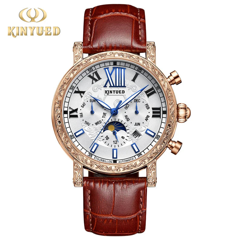 KINYUED Brand Luxury Men's Moon Phase Automatic Mechanical Watch Leather Strap Waterproof Week Date Casual Dress Wrist Watches