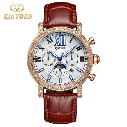 KINYUED Brand Luxury Men's Moon Phase Automatic Mechanical Watch Leather Strap Waterproof Week Date Casual Dress Wrist Watches