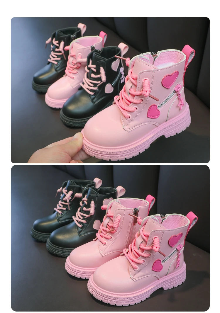 Girls Boots Kids Fashion Rubber Boots Cool Girl Autumn and Winter Cotton Soft Sole Pink with Love Side Zip Princess Round-toe PU