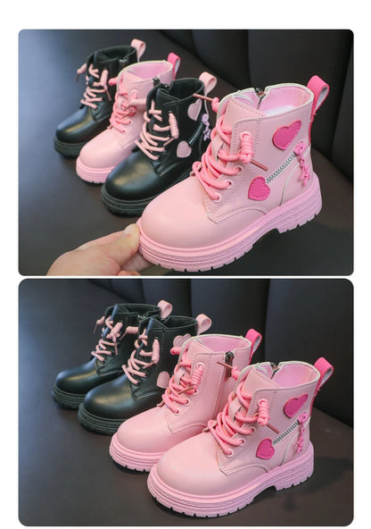Girls Boots Kids Fashion Rubber Boots Cool Girl Autumn and Winter Cotton Soft Sole Pink with Love Side Zip Princess Round-toe PU