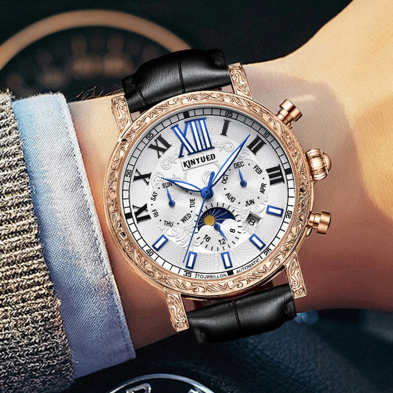 KINYUED Brand Luxury Men's Moon Phase Automatic Mechanical Watch Leather Strap Waterproof Week Date Casual Dress Wrist Watches