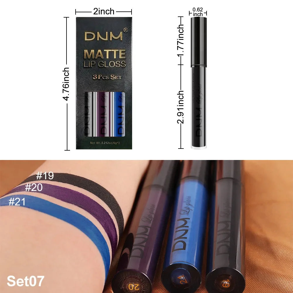 DNM 3PCS Liquid Lipstick Sets Waterproof Matte Black Blue Purple Blue Sexy Lip Gloss Long Lasting Nude Lip Tint Stain Makeup Kit