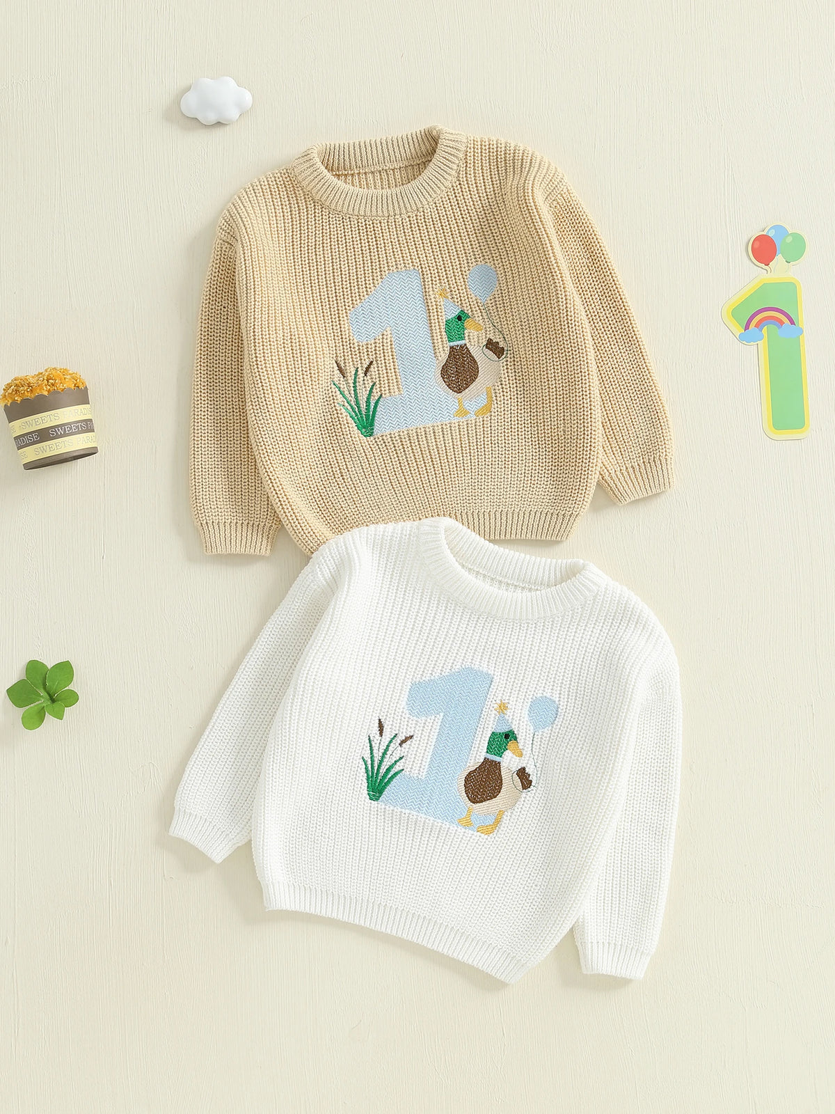 Baby Boy Birthday Sweater Casual Duck Letter Embroidery Infant Pullover Knitwear for Toddler Warm Clothes