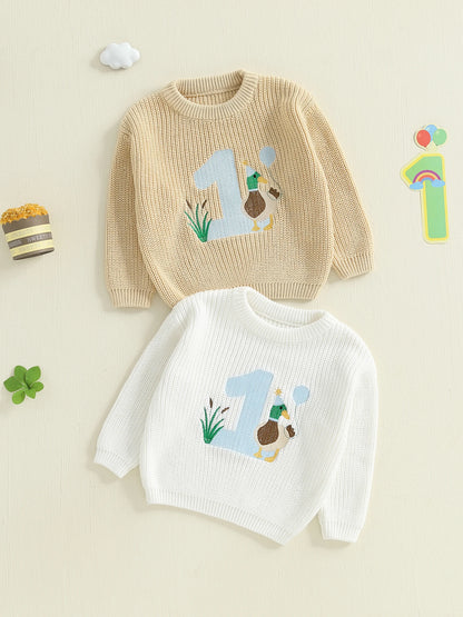 Baby Boy Birthday Sweater Casual Duck Letter Embroidery Infant Pullover Knitwear for Toddler Warm Clothes