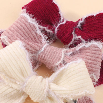 2pcs Knitting Wool Bow Barrettes Striped Lace Bow Hair Clip For Girl Baby Autumn Decor Hair Accessories Kid Party Wear Hairpin