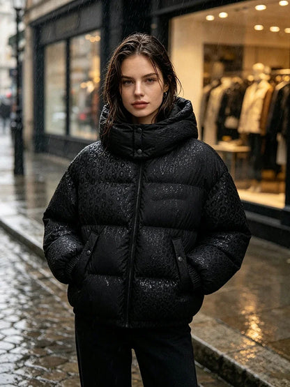 Casual Leopard Pattern Hooded Padded Coat Waterproof Fabric Zipper Long Sleeve Black Jacket Autumn Winter New Fashion Outerwear