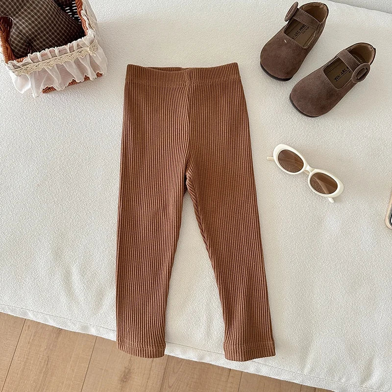 Children's Solid Color Leggings Cotton Ribbed Toddler Pants Versatile Inner Outer Wear Gender Neutral Kids Trousers