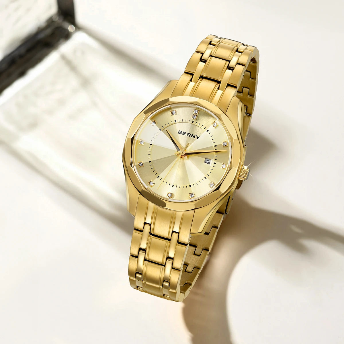 BERNY Golden Watch for Women Quartz Luxury Diamond Shape Lens Ladies Wristwatch Waterproof Stainless Steel Fashion Women Watch