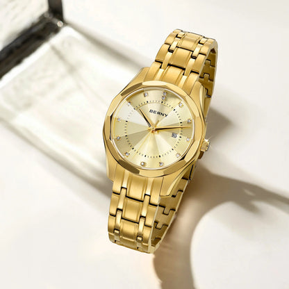 BERNY Golden Watch for Women Quartz Luxury Diamond Shape Lens Ladies Wristwatch Waterproof Stainless Steel Fashion Women Watch