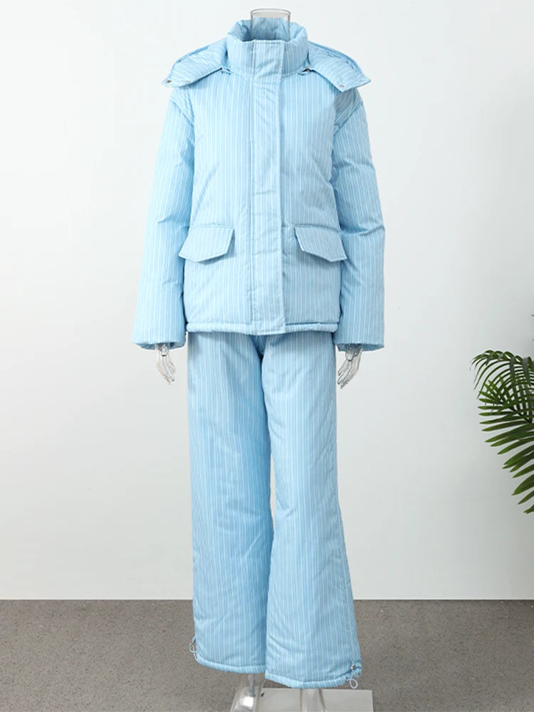 Stripe Women's Padded Cotton Coats Pant Suit Hooded Zipper Puffer Coat Loose Thick Pants 2026 Fashion Lady Autumn Winter Ski Set